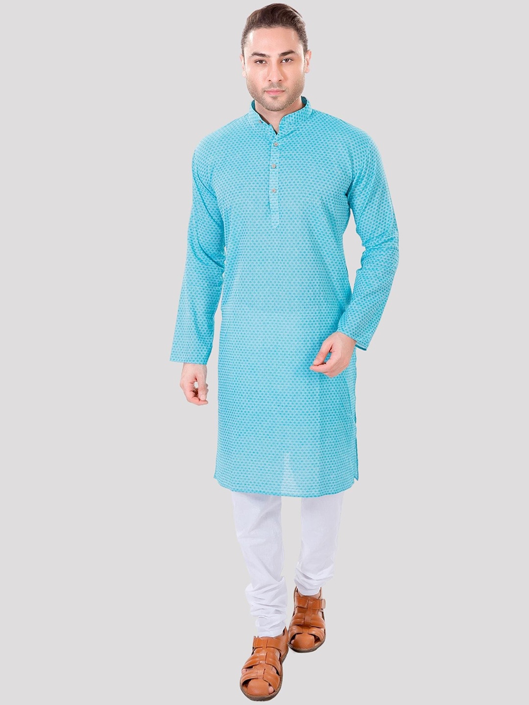 

Maharaja Geometric Printed Band Collar Pastel Straight Kurta with Pyjamas, Blue