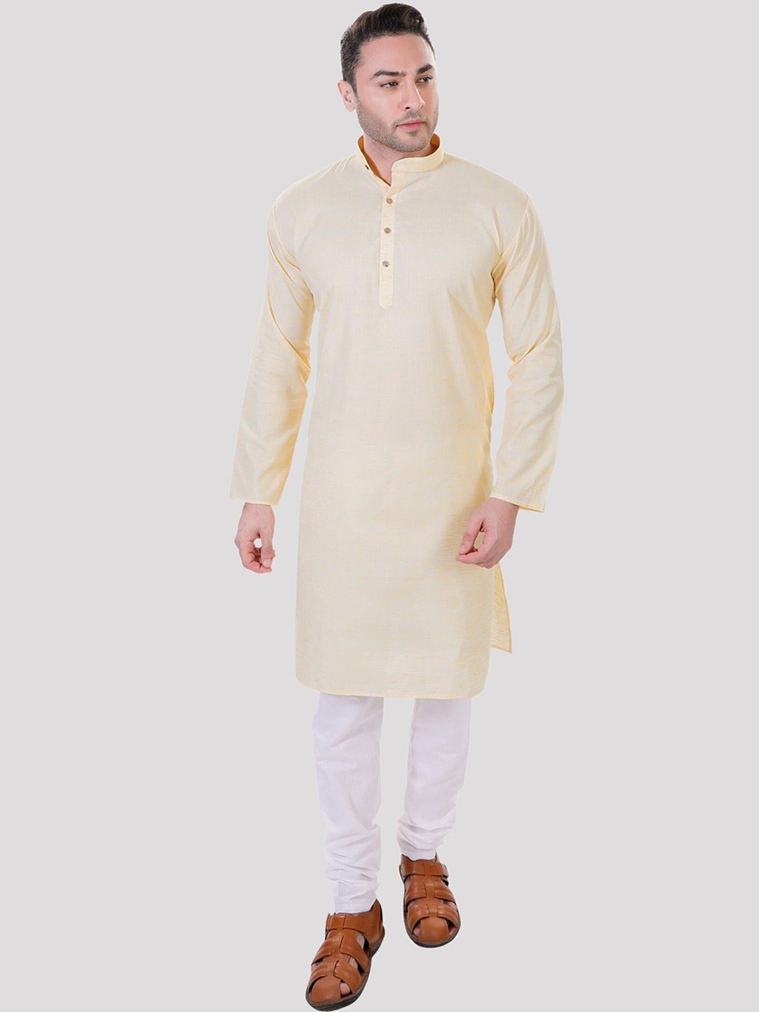 

Maharaja Band Collar Regular Straight Kurta with Pyjamas, Yellow