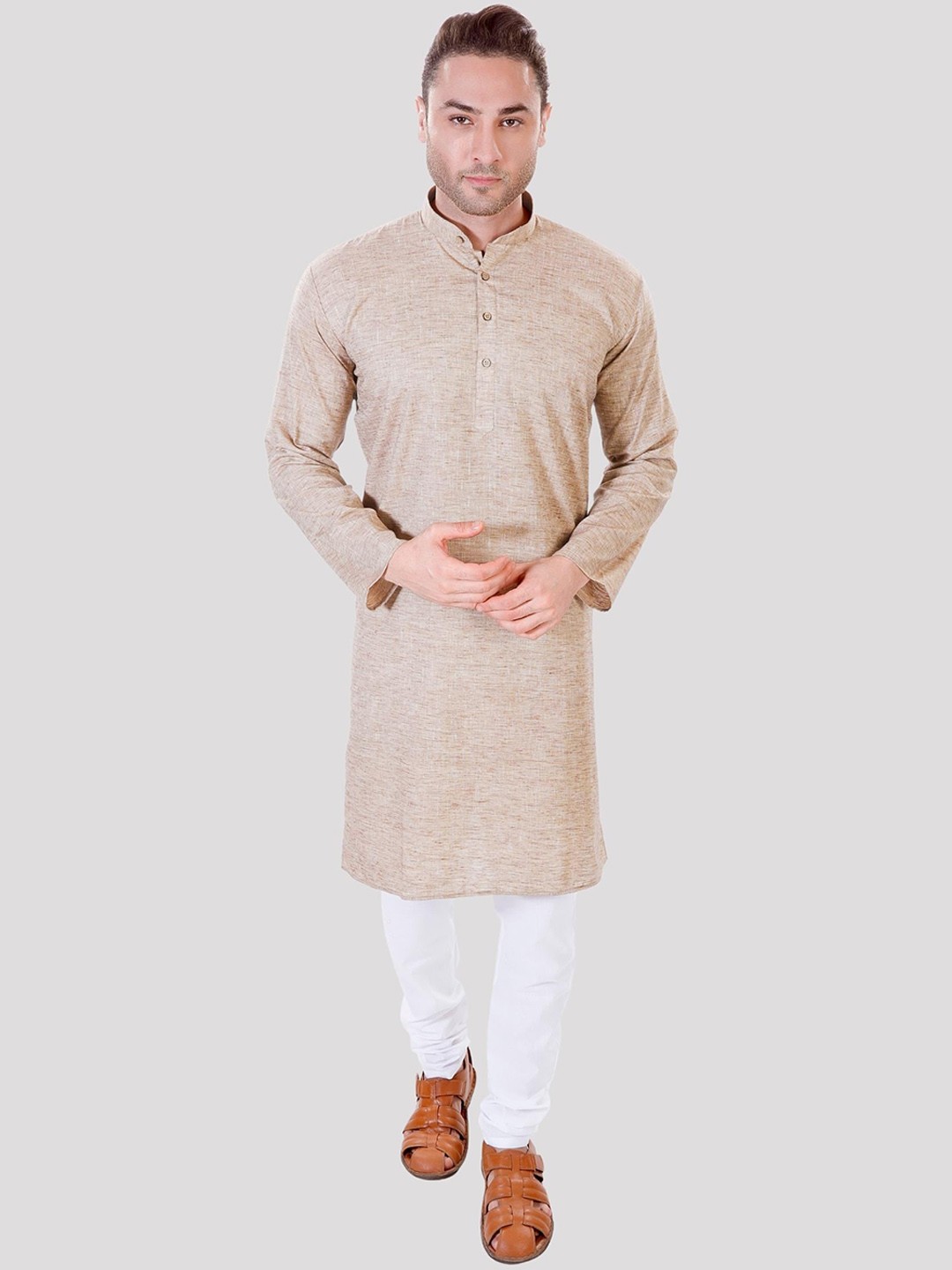 

Maharaja Band Collar Pastel Linen Straight Kurta with Pyjamas, Beige