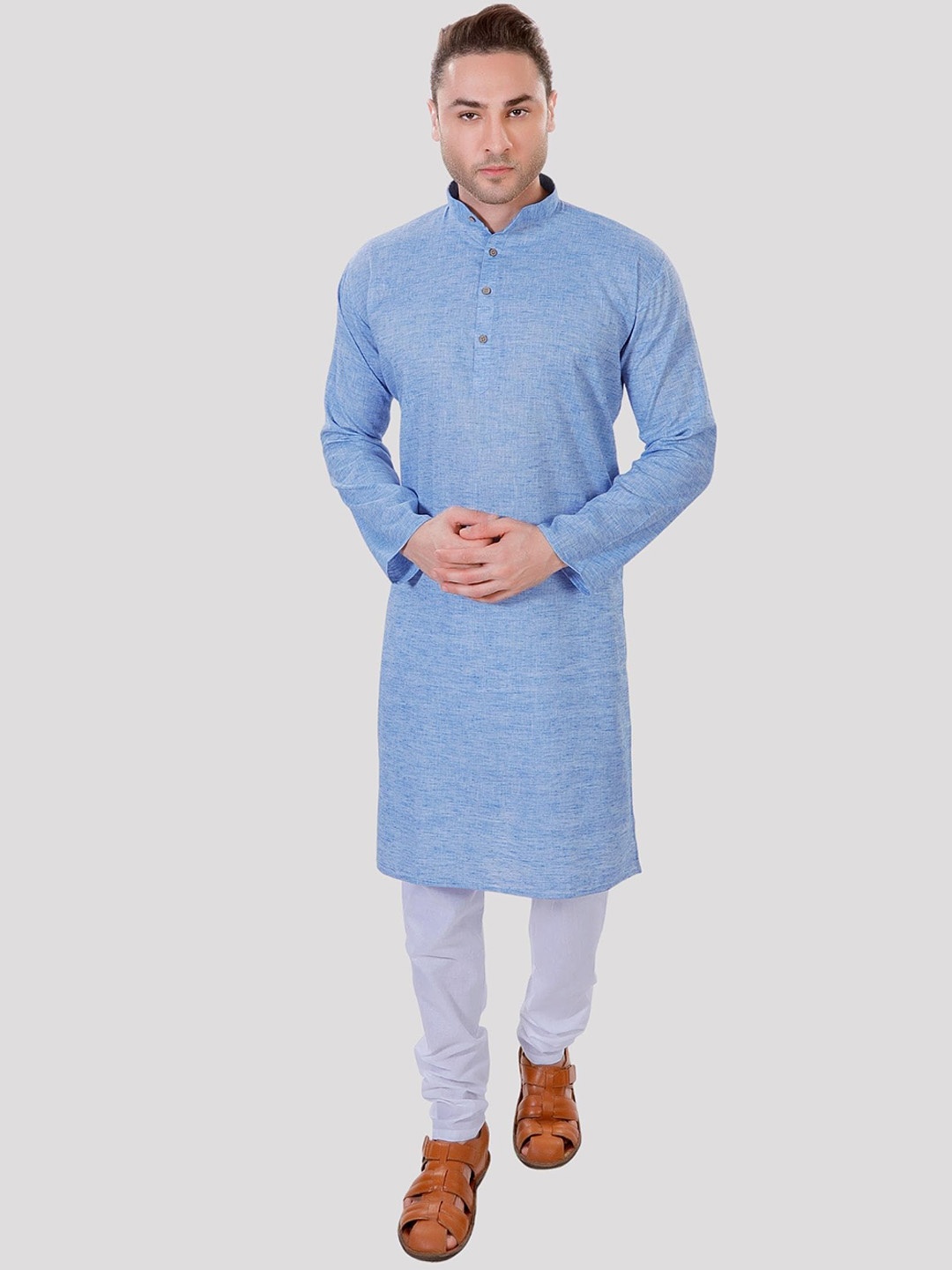 

Maharaja Mandarin Collar Regular Linen Kurta With Pyjamas, Blue