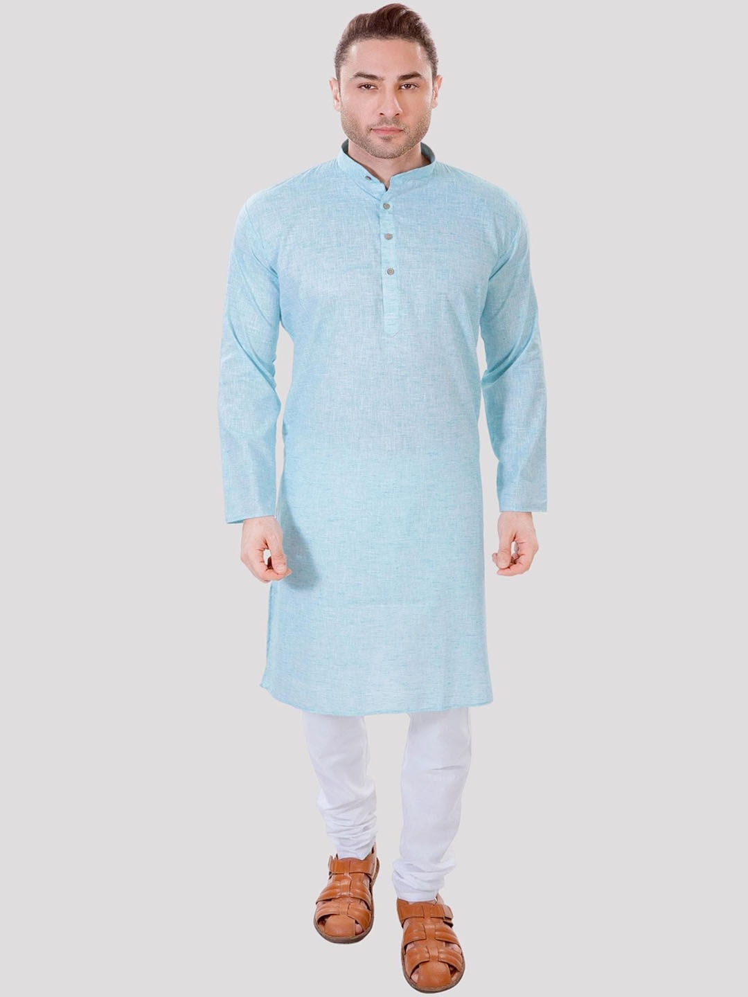 

Maharaja Band Collar Pastels Linen Straight Kurta with Pyjamas, Blue