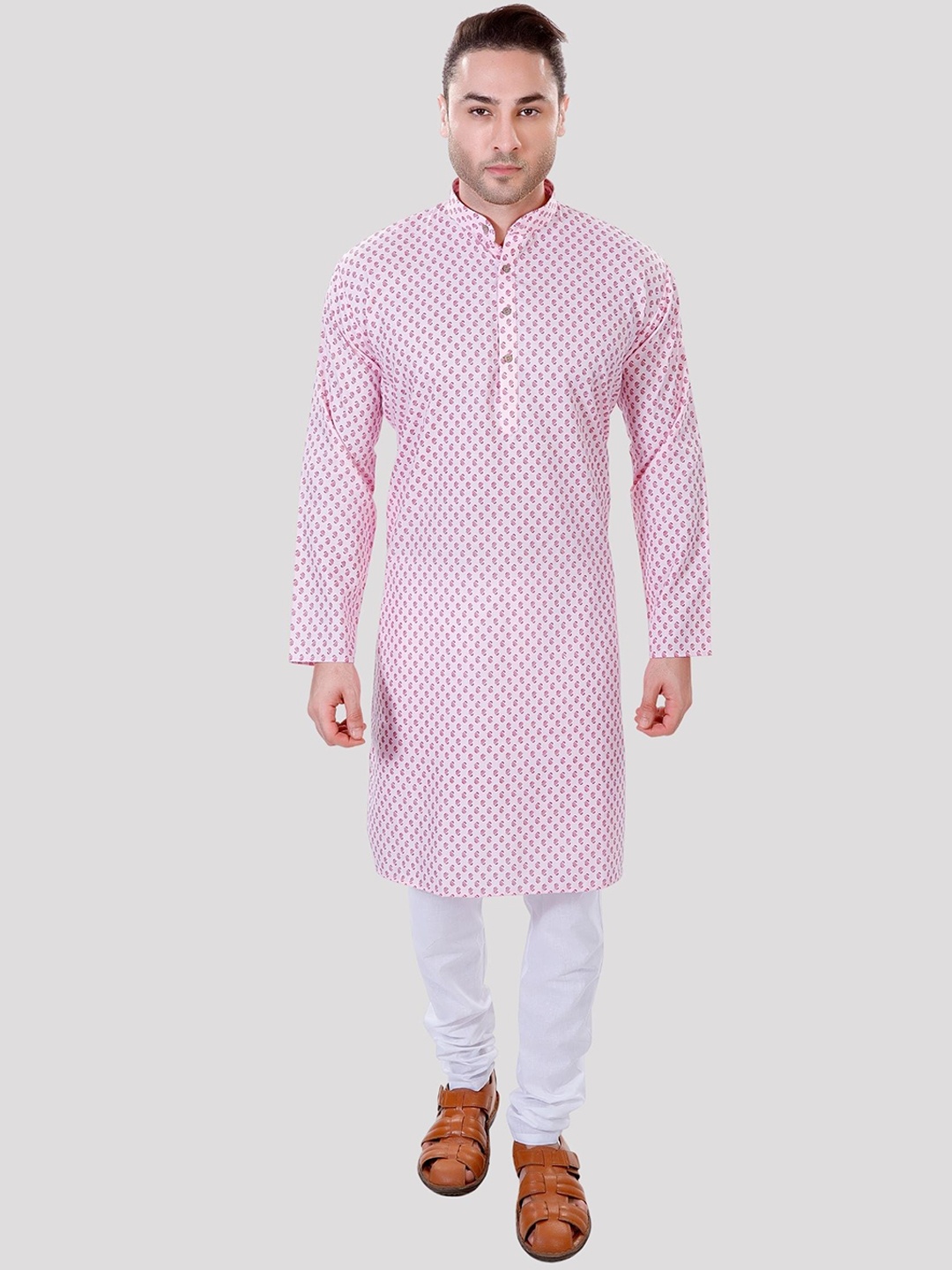 

Maharaja Paisley Printed Band Collar Pastel Straight Kurta with Pyjamas, Pink