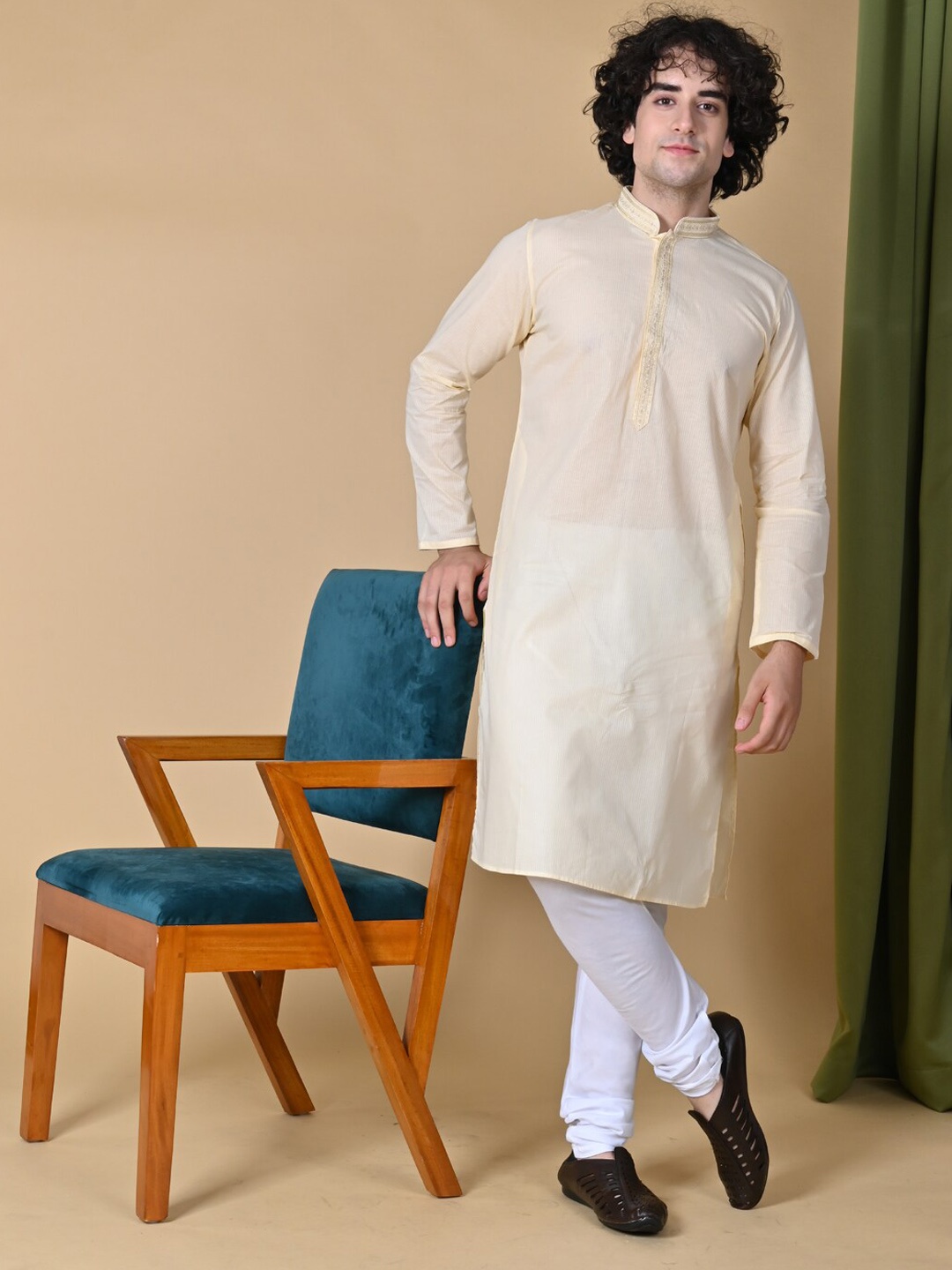 MAAHI FABS Striped Mandarin Collar Kurta, Cream