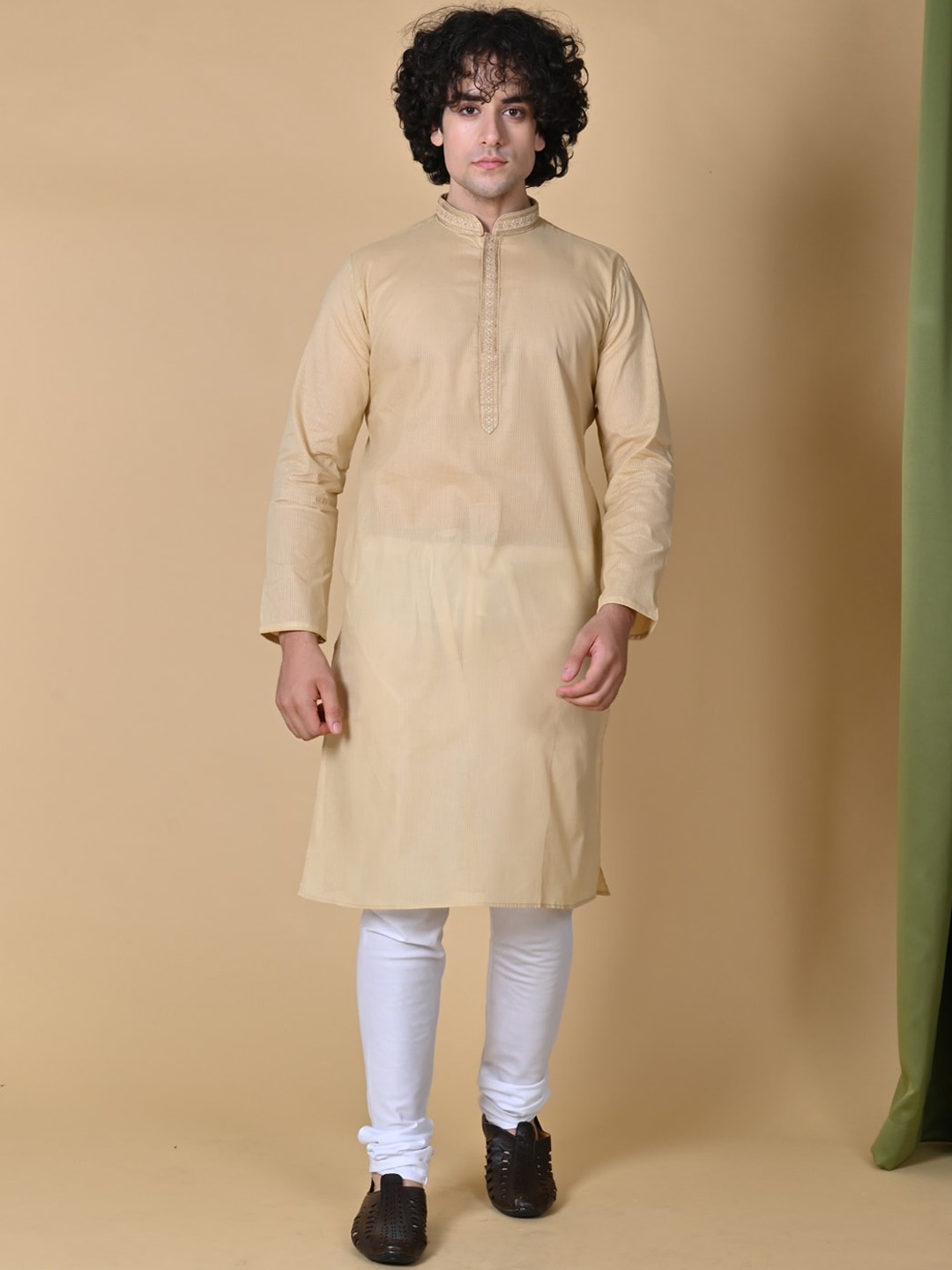 

MAAHI FABS Yoke Design Mandarin Collar Cotton Straight Kurta, Beige