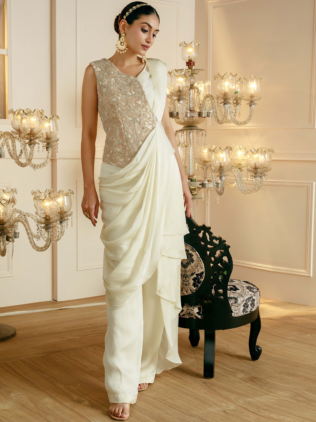 

NEHHA NHATA Floral Embroidered Pant Saree, Off white