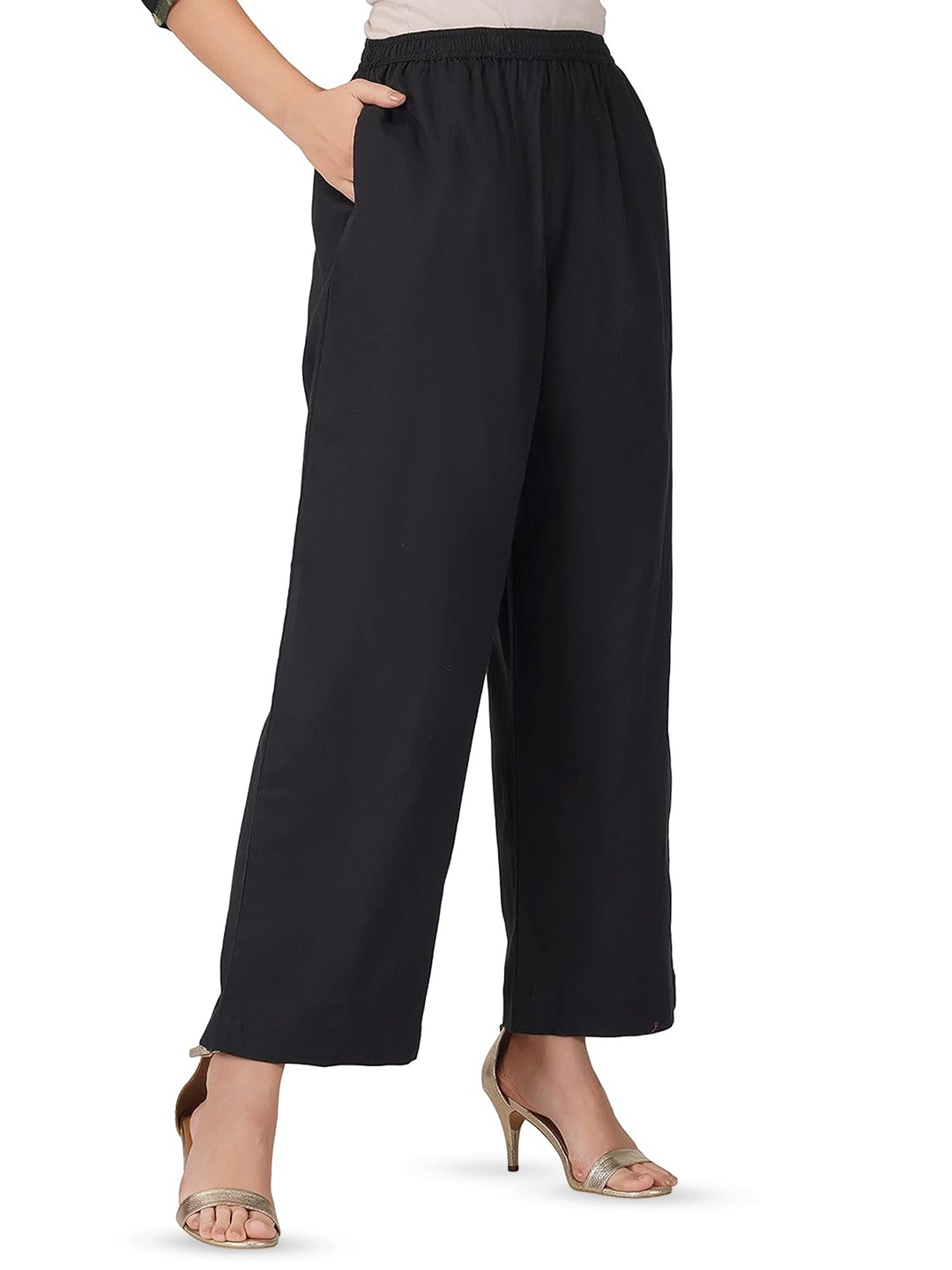 

CHANDERKASH Women Pure Cotton Straight Wide Leg Palazzo, Black