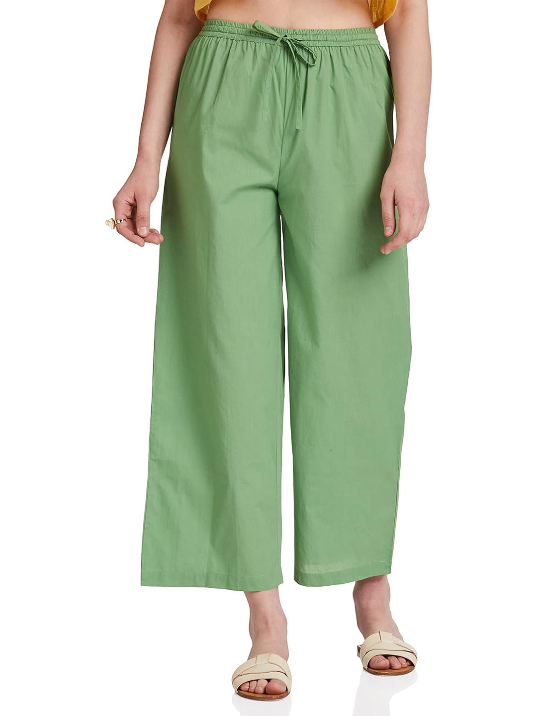 

CHANDERKASH Wide Leg Pure Cotton Palazzos, Green