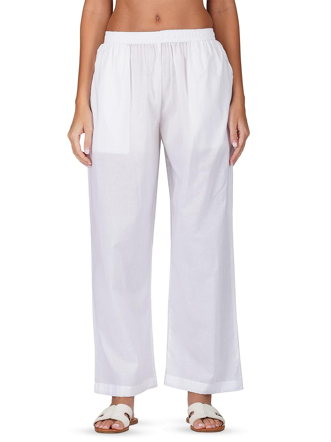 

CHANDERKASH Women Pure Cotton Straight Wide Leg Palazzo, White