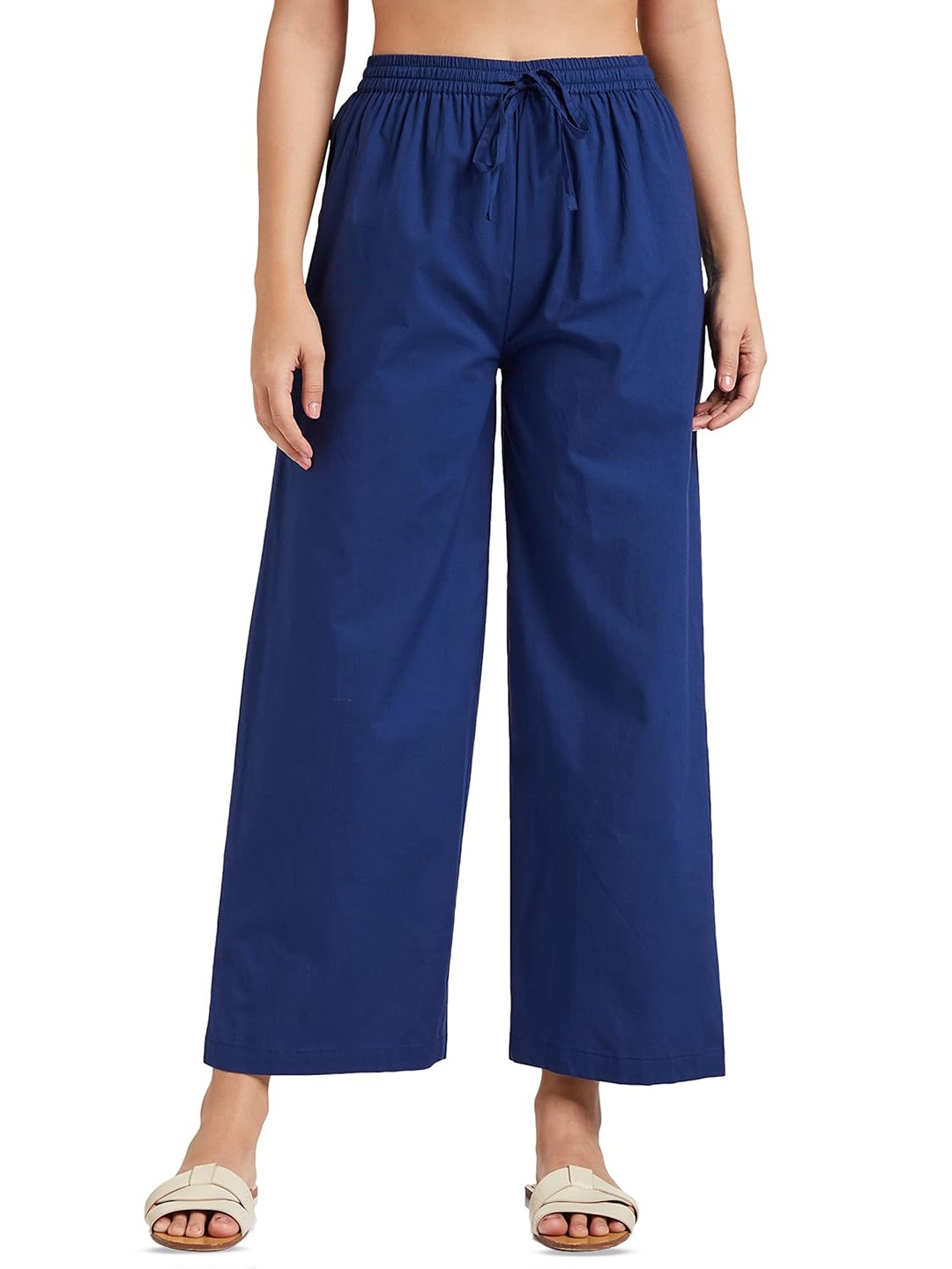 

CHANDERKASH Wide Leg Pure Cotton Palazzos, Blue