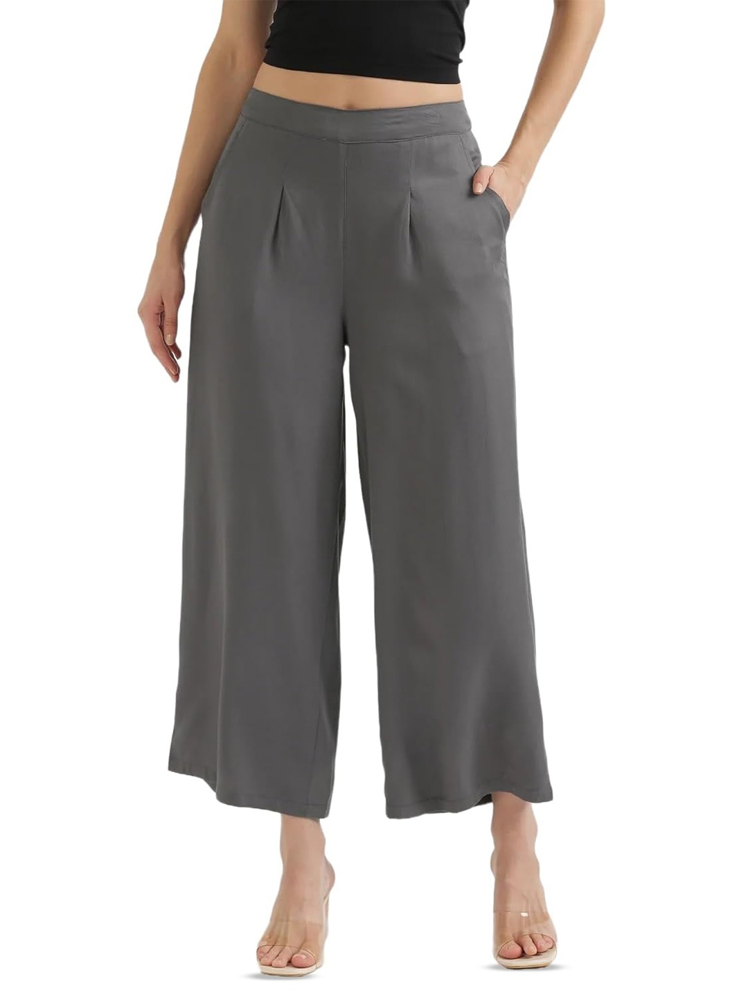 

CHANDERKASH Women Pure Cotton Straight Wide Leg Palazzo, Grey