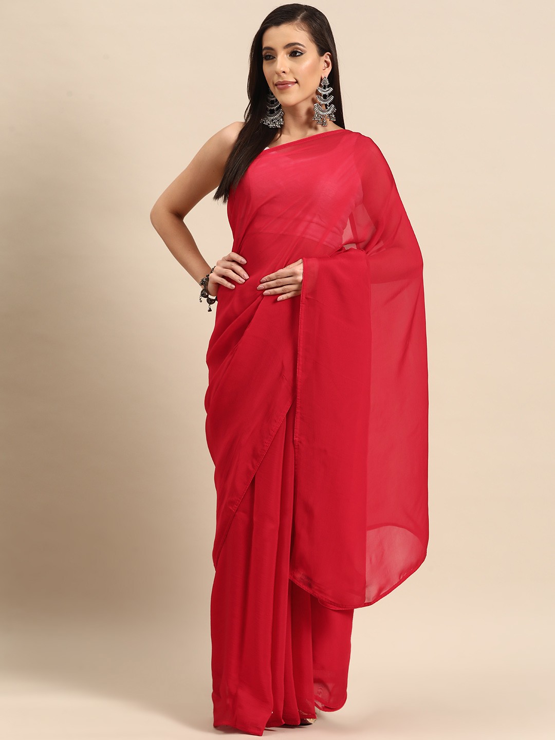 

Simaaya Solid Pure Chiffon Saree, Red