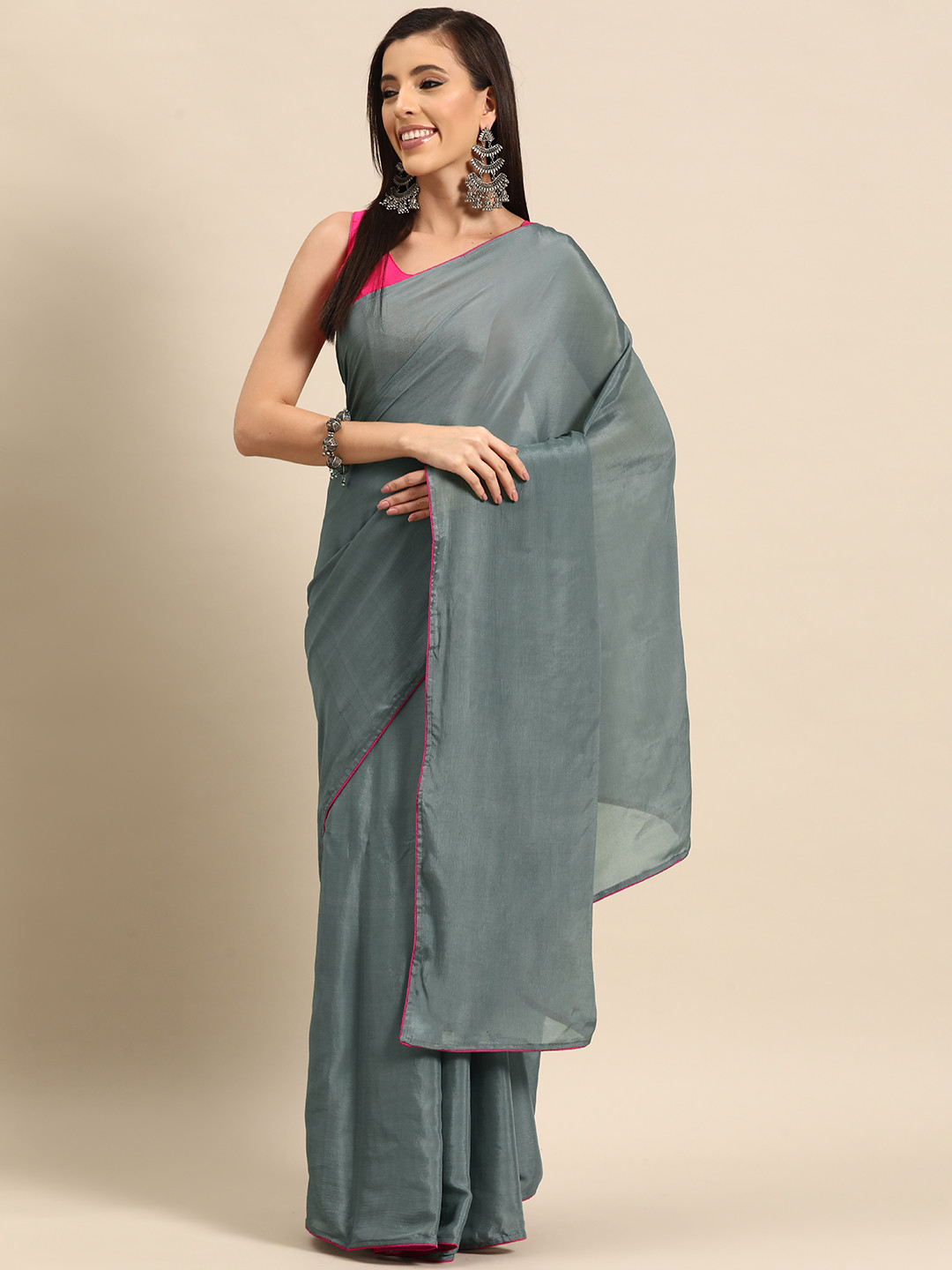 

Simaaya Solid Pure Chiffon Saree, Grey