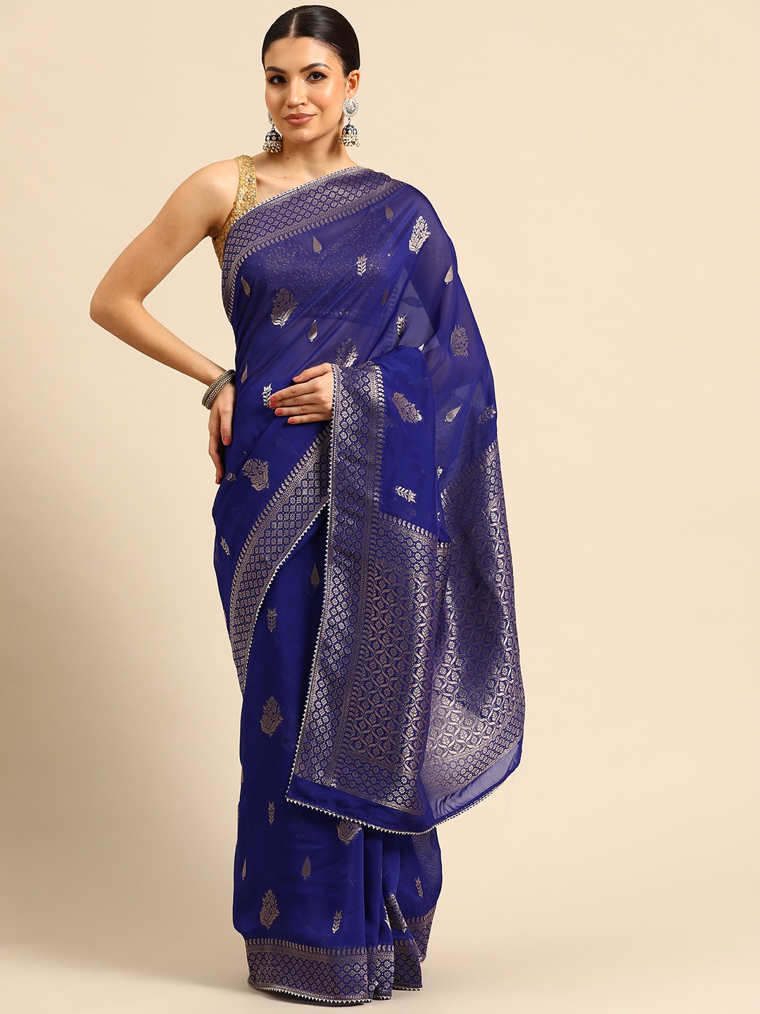 

Simaaya Floral Gotta Patti Pure Georgette Khadi Saree, Navy blue