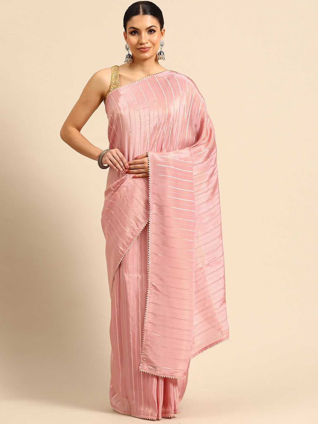 

Simaaya Striped Gotta Patti Tissue Maheshwari Saree, Peach