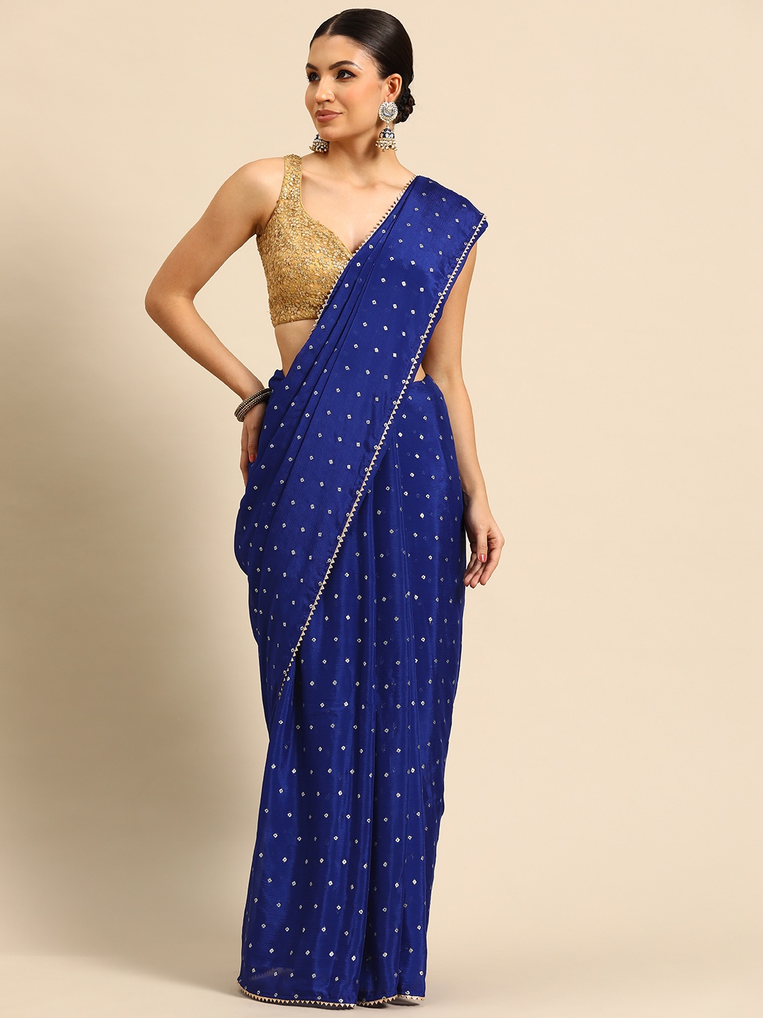 

Simaaya Polka Dot Gotta Patti Silk Blend Maheshwari Saree, Navy blue