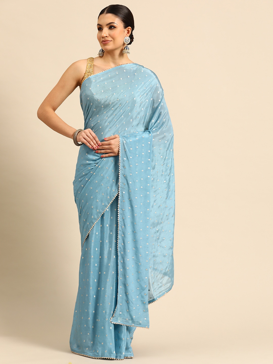 

Simaaya Polka Dot Gotta Patti Silk Blend Maheshwari Saree, Turquoise blue