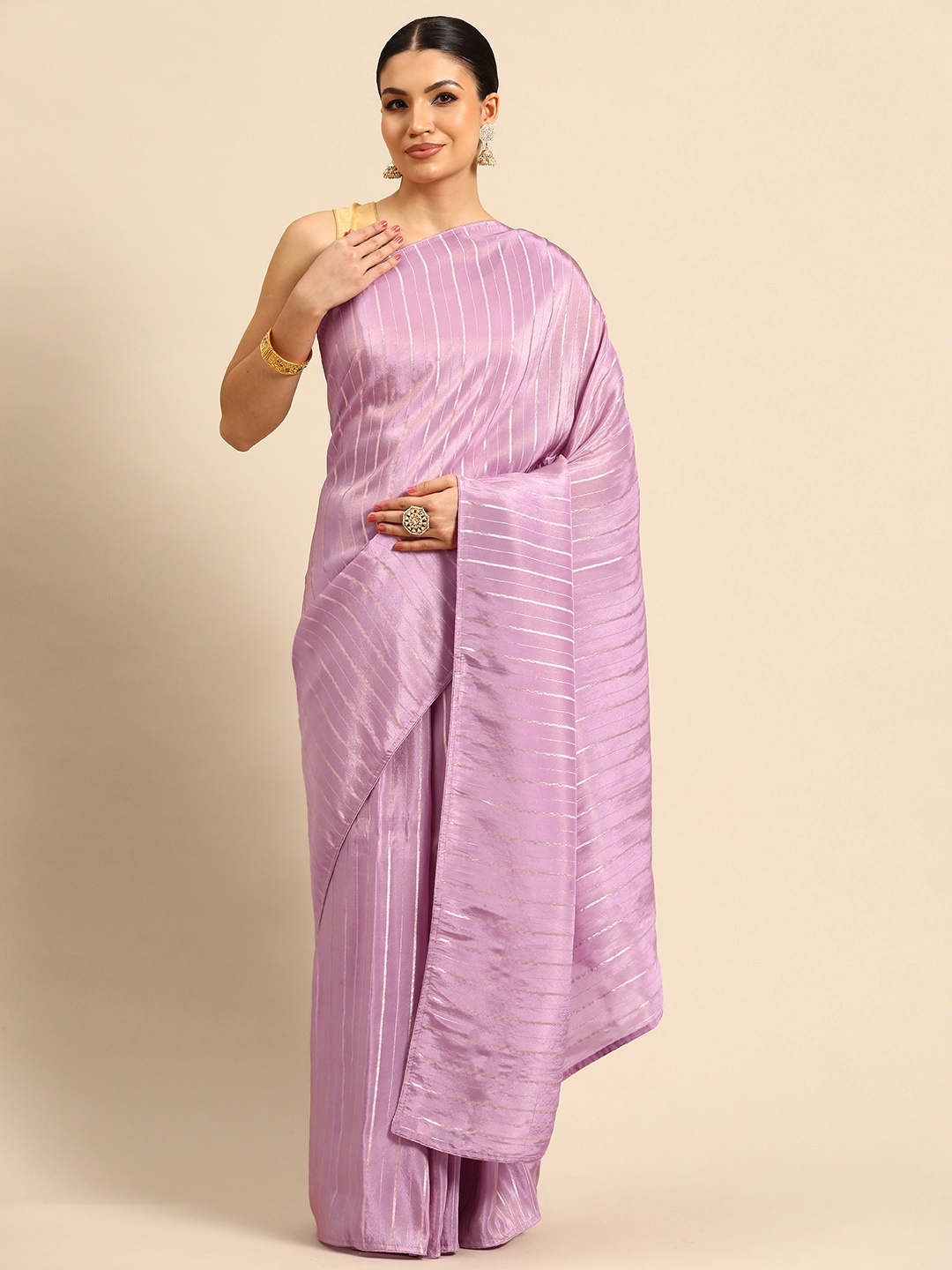 

Simaaya Striped Zari Tissue Maheshwari Saree, Pink