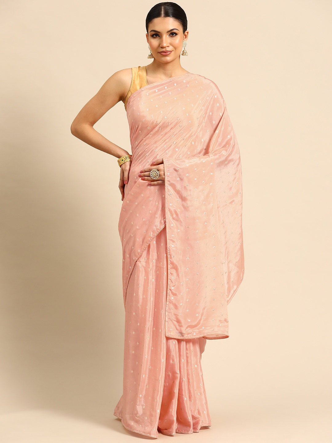 

Simaaya Woven Design Zari Silk Blend Maheshwari Saree, Peach