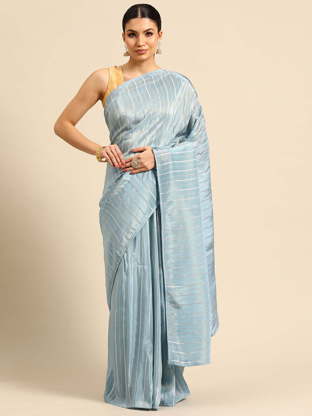 

Simaaya Striped Zari Tissue Maheshwari Saree, Turquoise blue