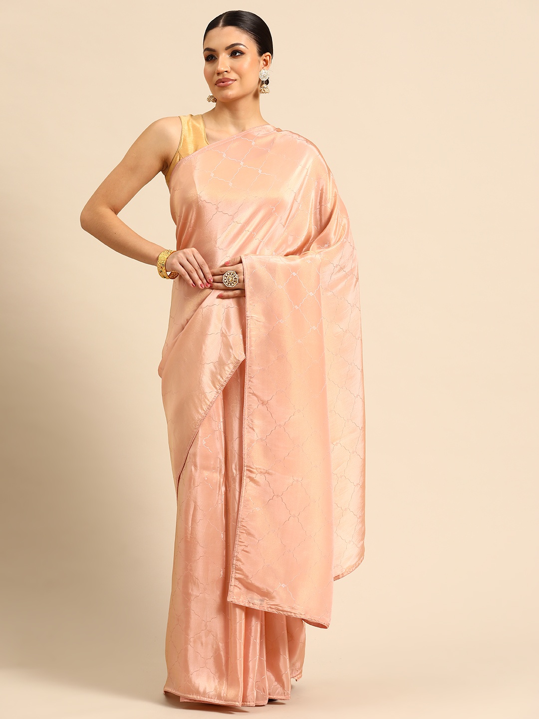 

Simaaya Abstract Tissue Maheshwari Saree, Peach