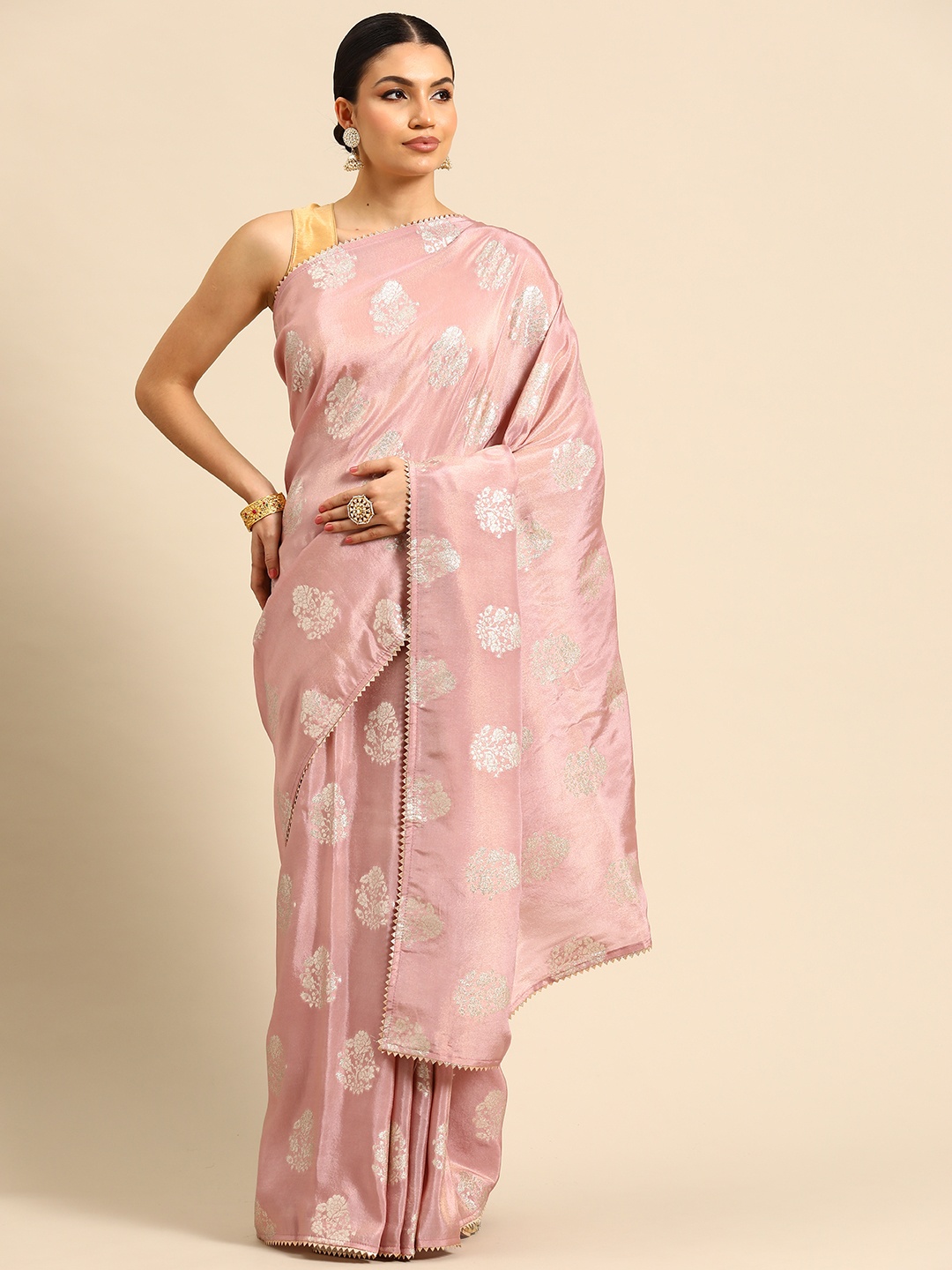 

Simaaya Floral Gotta Patti Tissue Maheshwari Saree, Pink