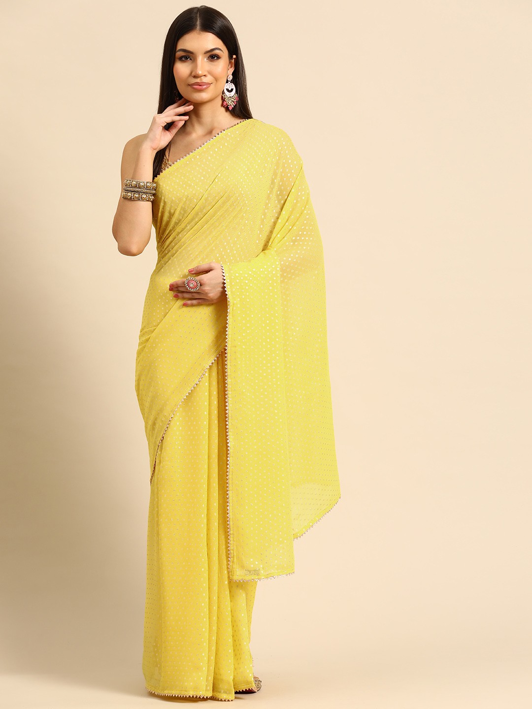 

Simaaya Woven Design Gotta Patti Pure Georgette Maheshwari Saree, Yellow