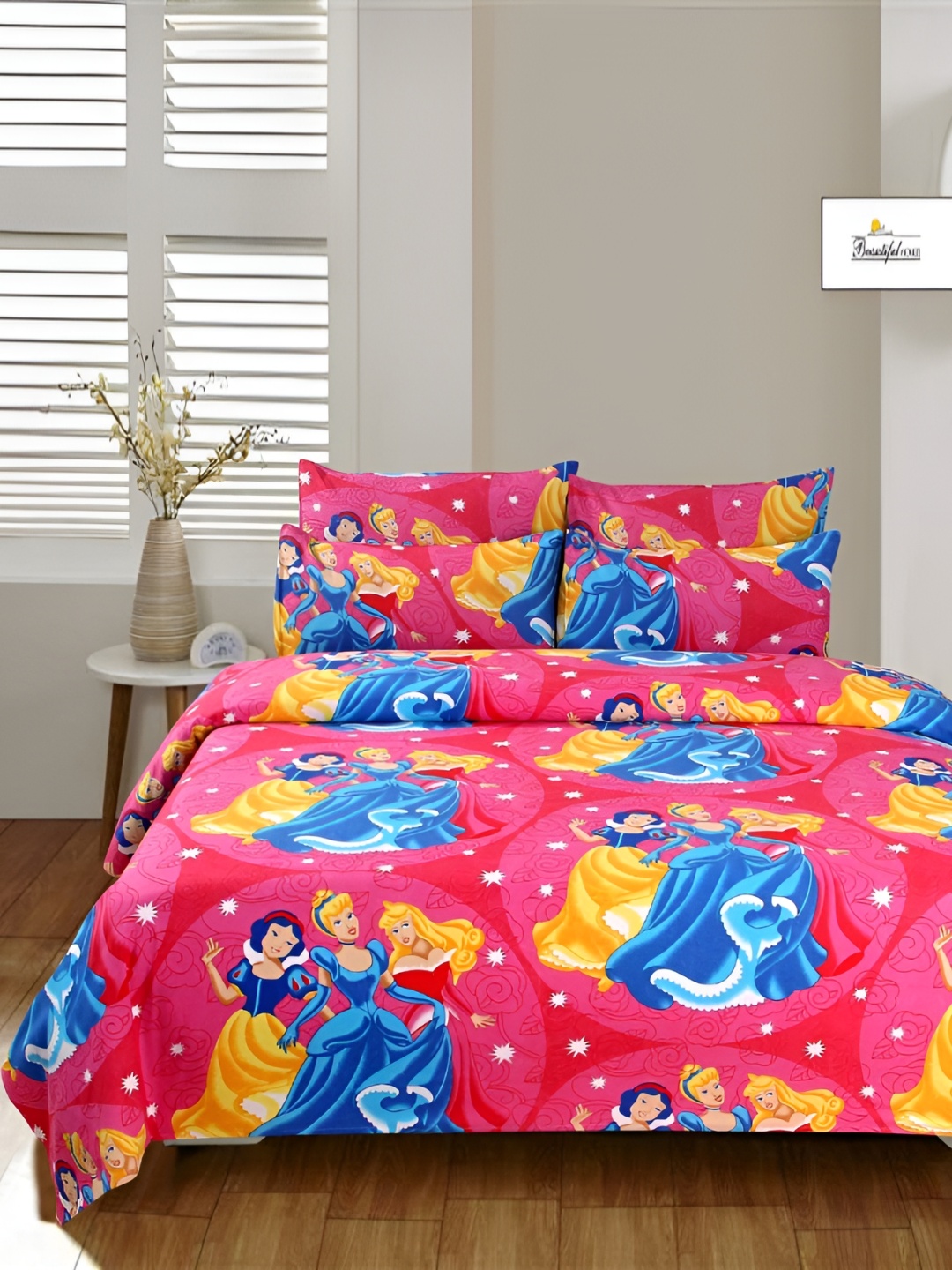 

Kritarth Handicrafts Pink & Blue Printed Cotton 300 TC Queen Bedsheet & 2 Pillow Covers