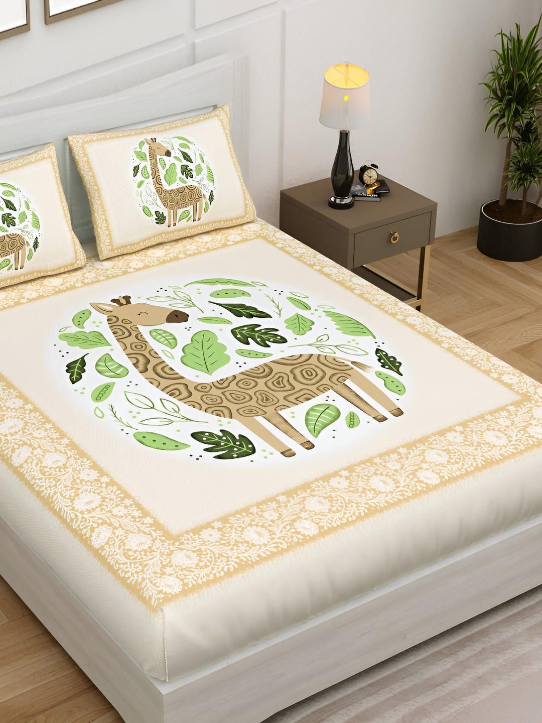 

Kritarth Handicrafts Kids Beige Giraffe Cotton 300 TC Queen Bedsheet & 2 Pillow Covers