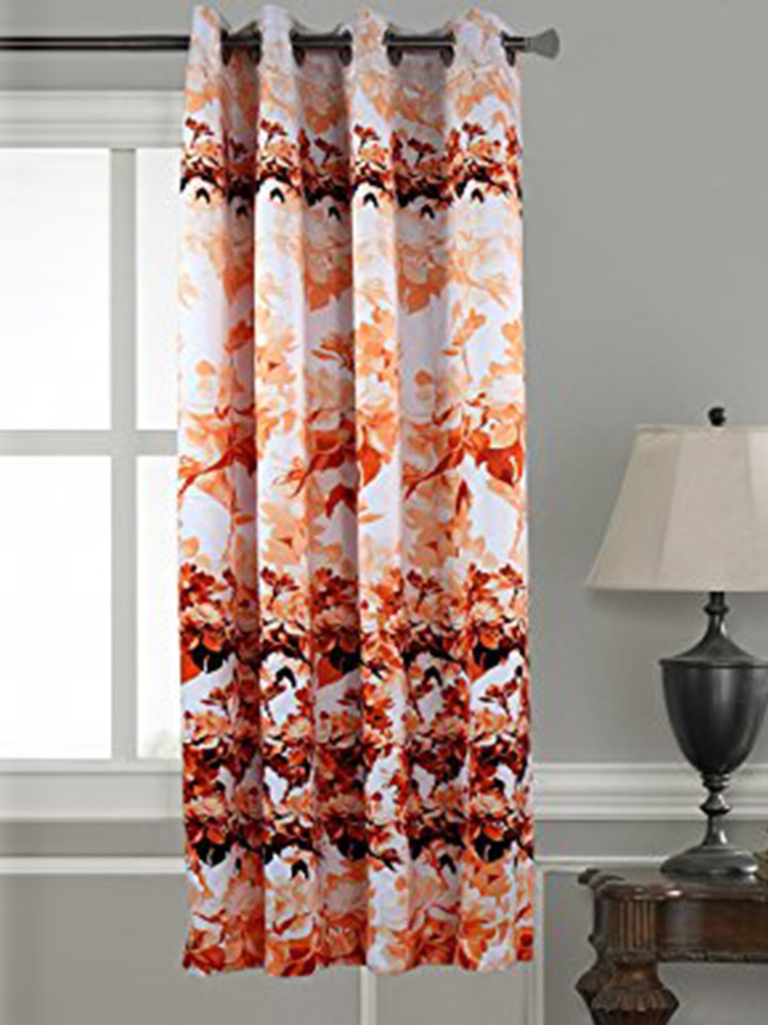 

Lushomes White & Orange Floral Printed Black Out Window Curtain