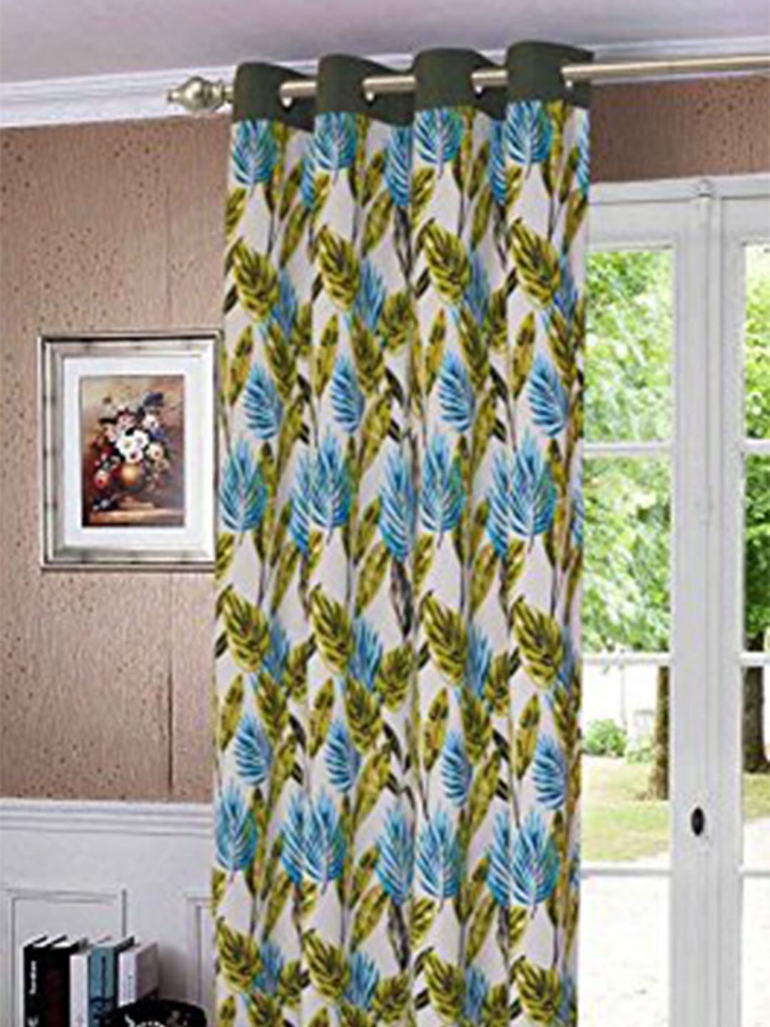 

Lushomes White & Green Floral Black Out Door Curtain