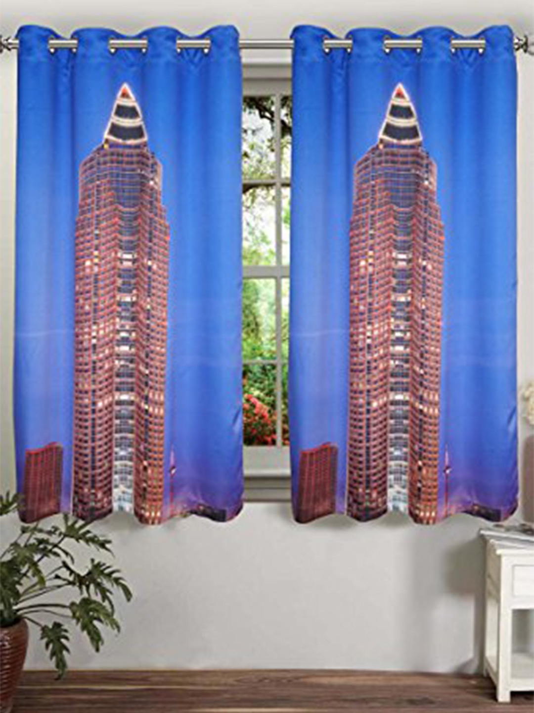 

Lushomes Blue Feather Printed Black Out Window Curtain