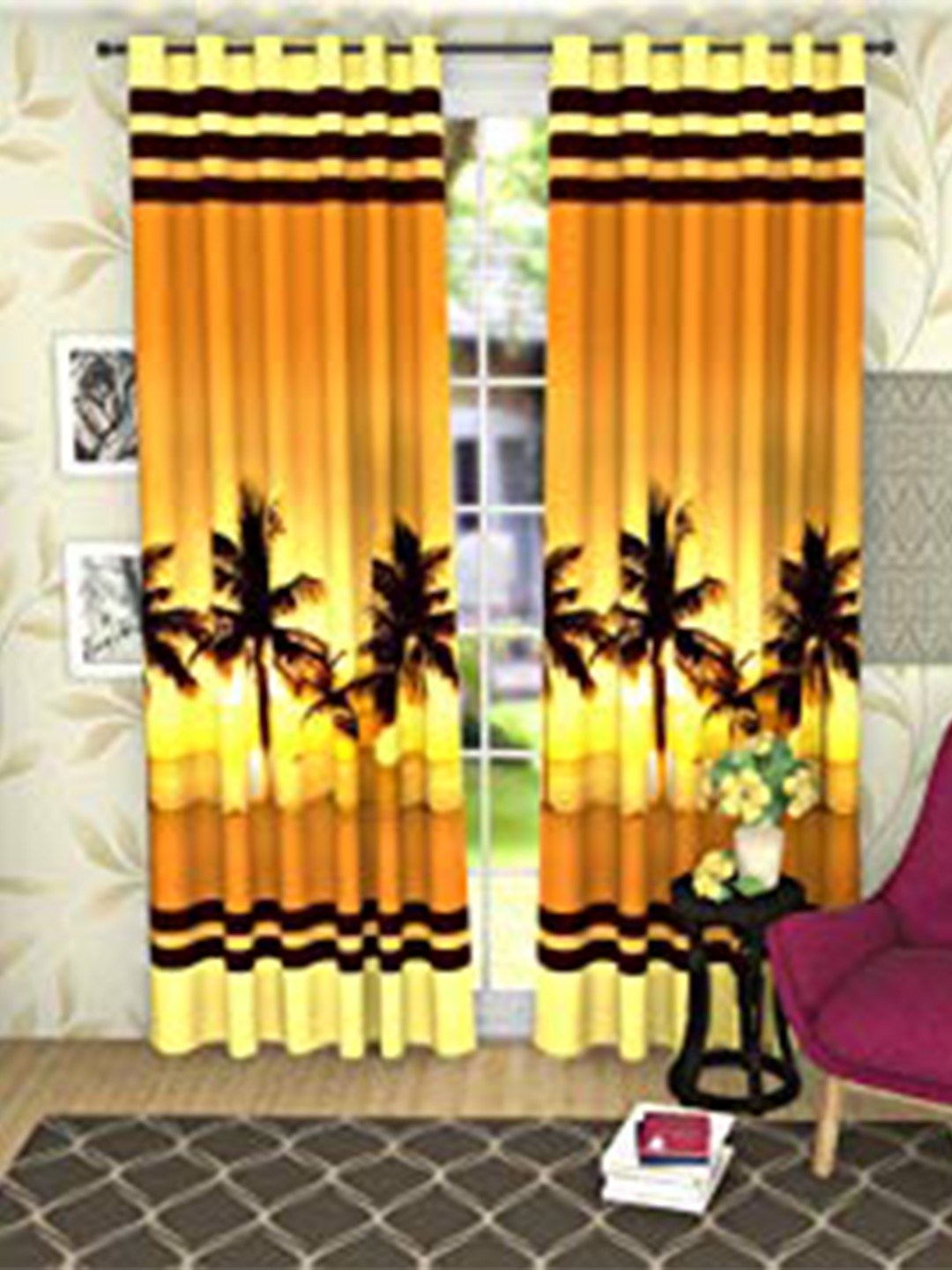 

Lushomes Yellow and Black Printed Black Out Long Door Curtain