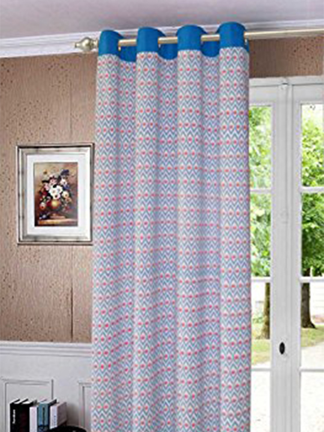 

Lushomes White & Blue Geometric Black Out Door Curtain