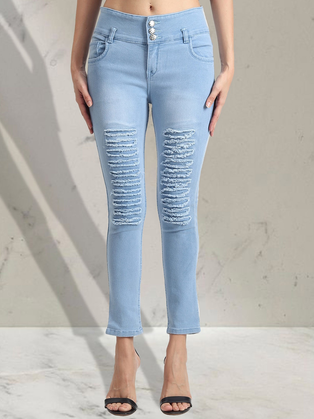 

A-Okay Girls Slim Fit High-Rise Light Fade Highly Distressed Stretchable Cropped Jeans, Blue