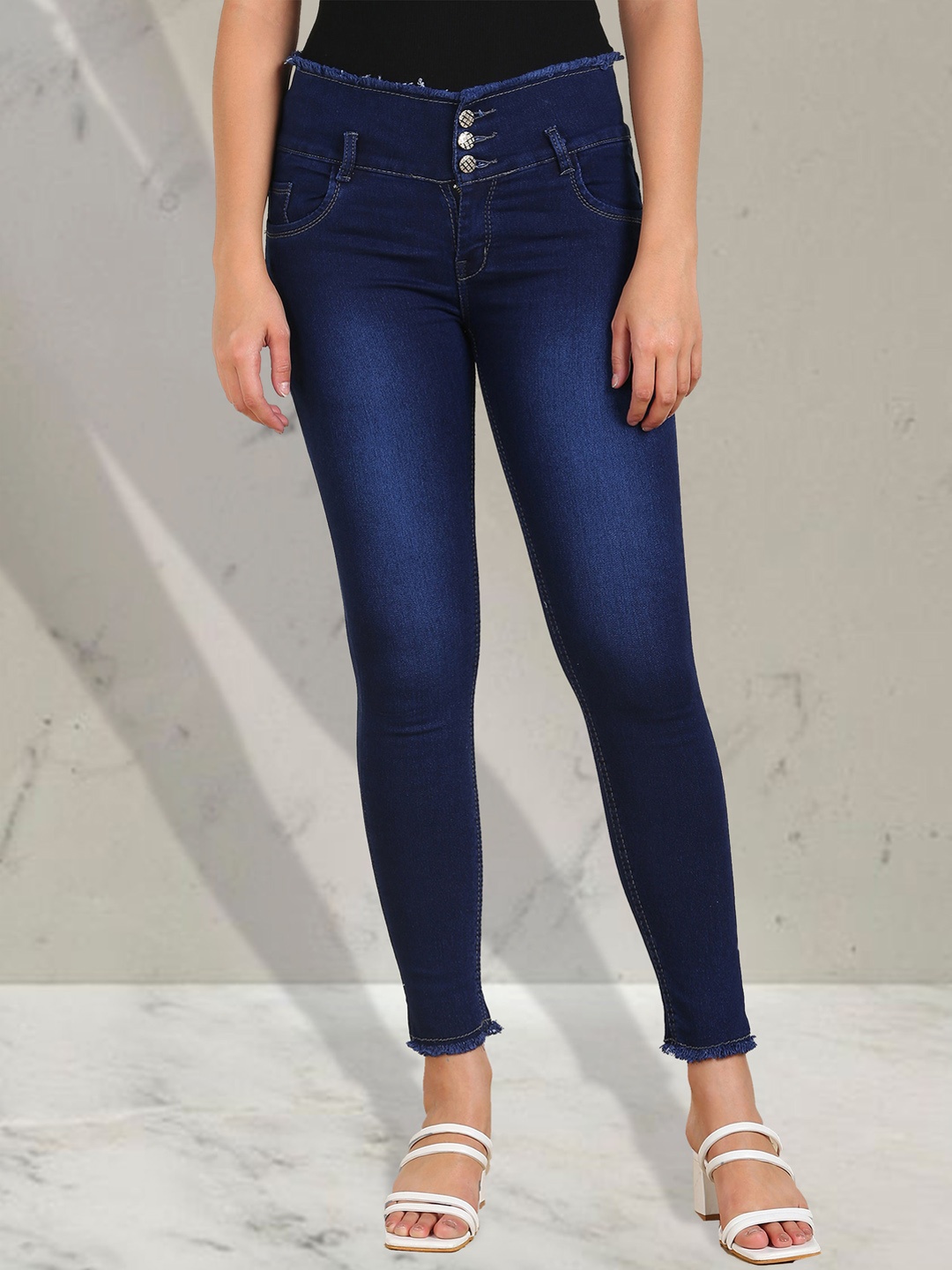 

A-Okay Girls Slim Fit High-Rise Dark Shade Heavy Fade Clean Look Stretchable Jeans, Navy blue