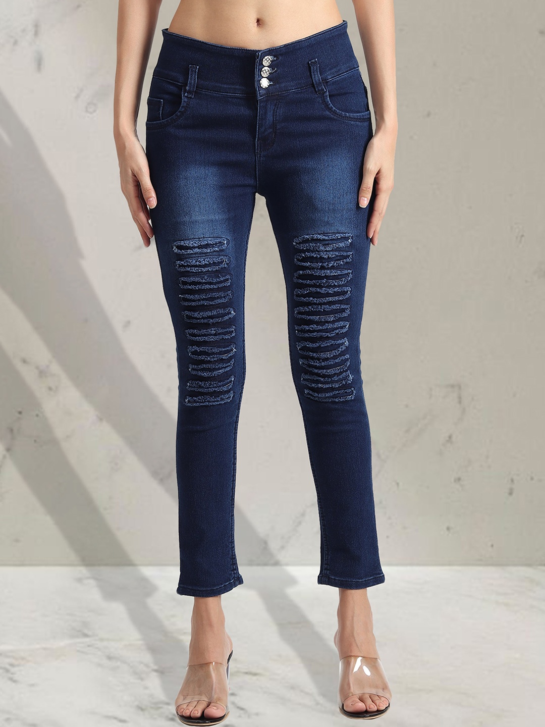 

A-Okay Girls Slim Fit High-Rise Highly Distressed Light Fade Cropped Stretchable Jeans, Navy blue