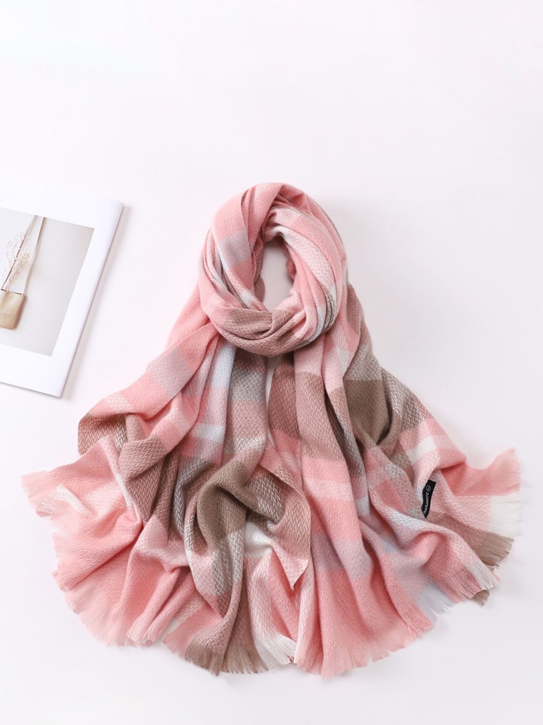 

Alexvyan Checked Lightweight Fringed Wool Stole, Pink