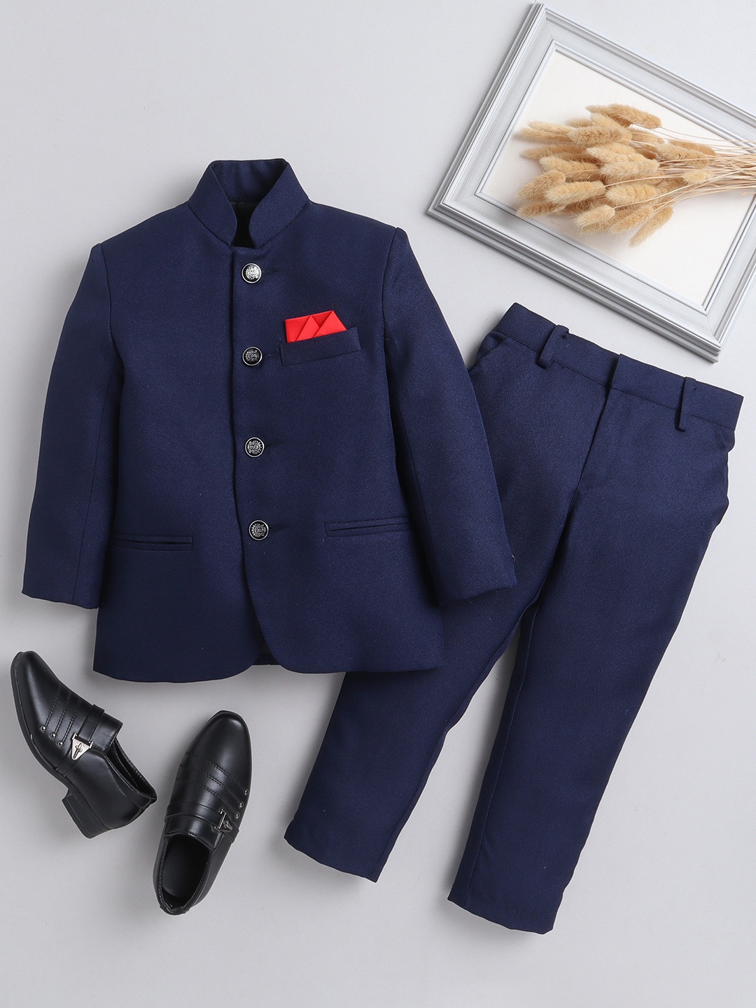 

BAESD Boys 2 Piece Mandarin Collar Bandhgala Blazer With Trousers, Navy blue