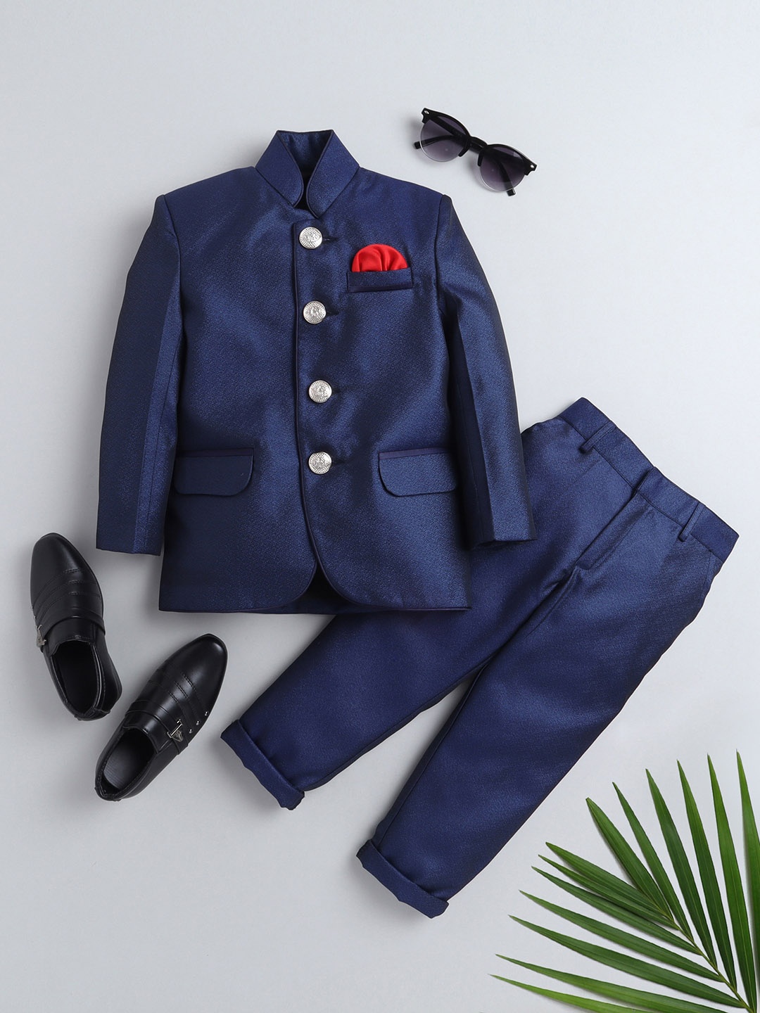 

BAESD Boys Mandarin Collar Bandhgala 2 Piece Suit, Navy blue