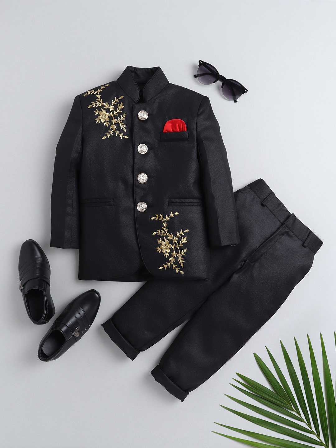 

BAESD Boys Mandarin Collar Embroidered Detailed Bandhgala 2 Piece Suit, Black