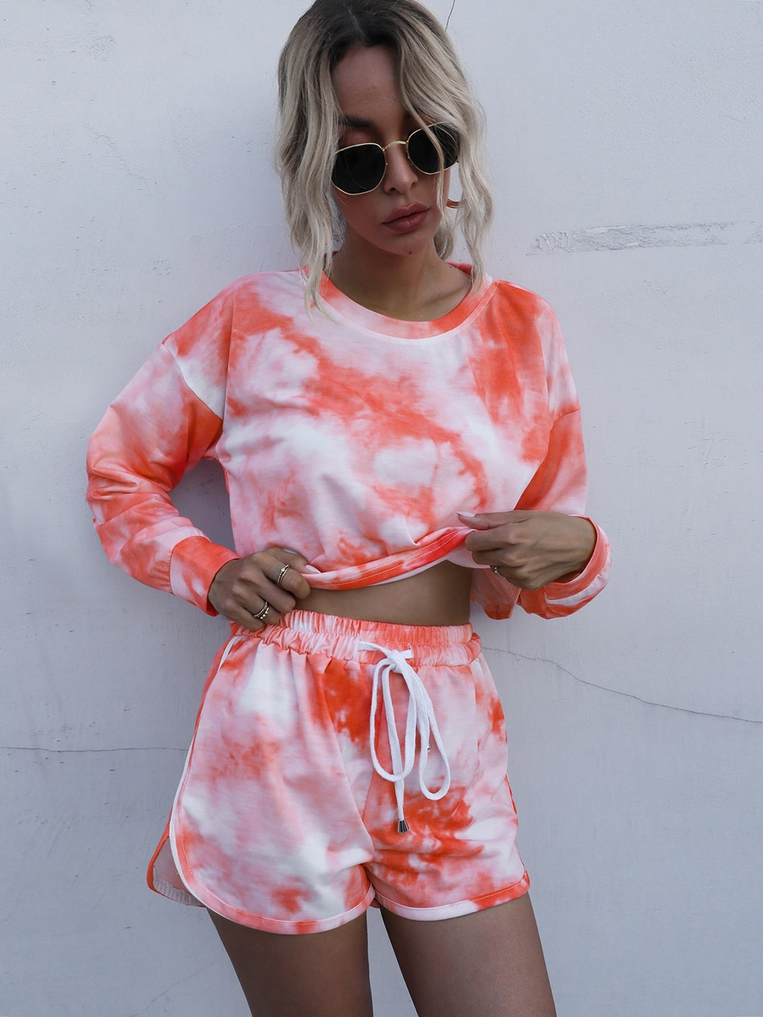 

StyleCast Orange Tie and Dyed Sweatshirt & Shorts