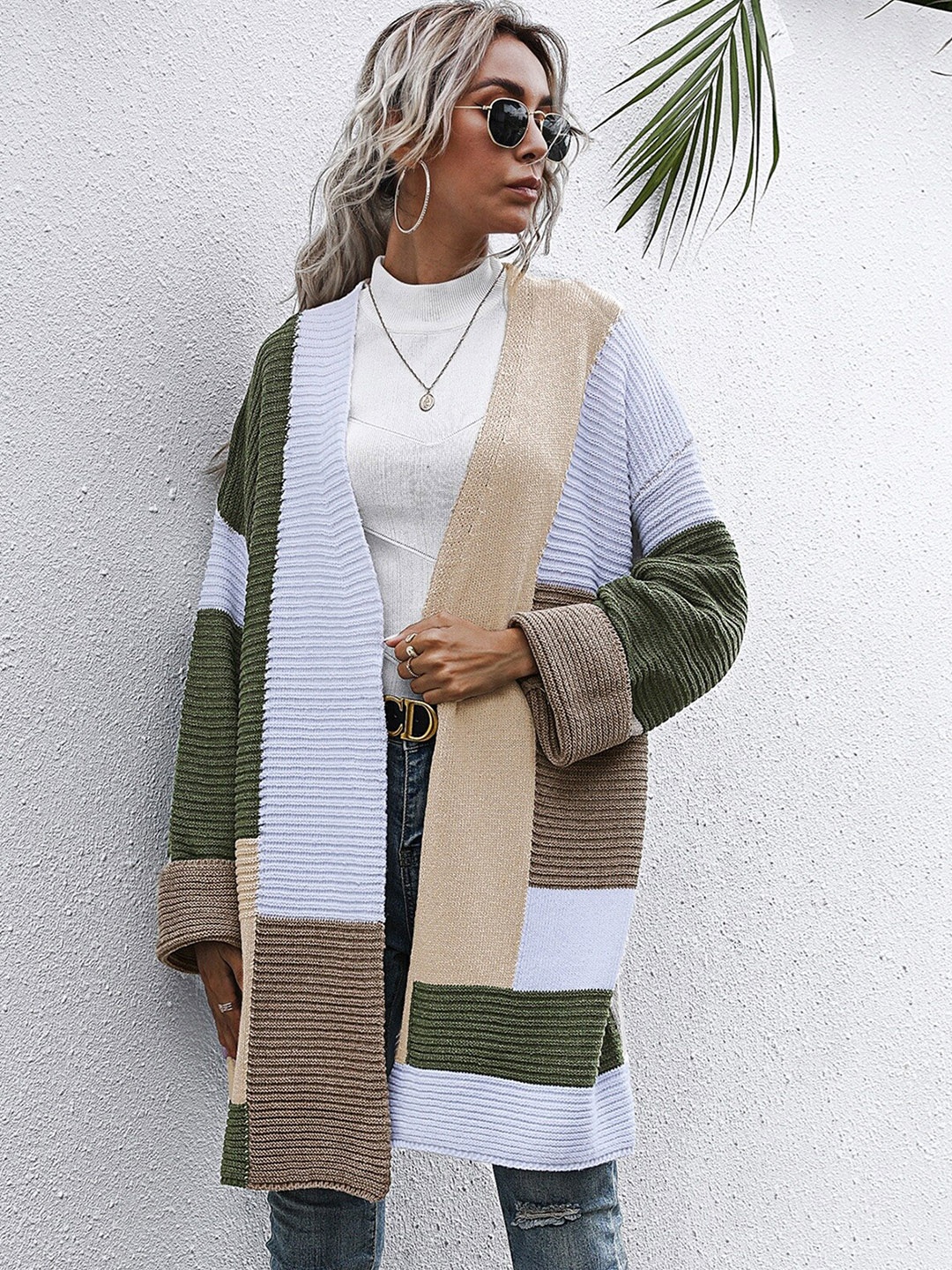 

StyleCast Olive Green & White Colourblocked Longline Front-Open Sweater