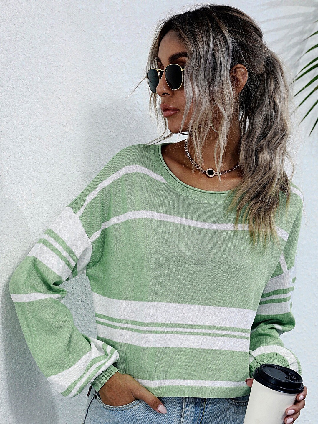 

StyleCast Sea Green & White Striped Drop-Shoulder Sleeves Round Neck Pullover