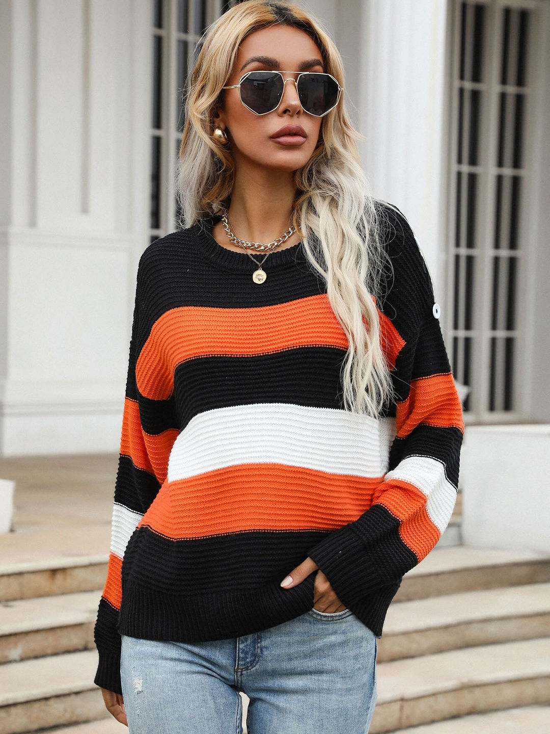 

StyleCast Black, Orange & White Colourblocked Round Neck Sweater