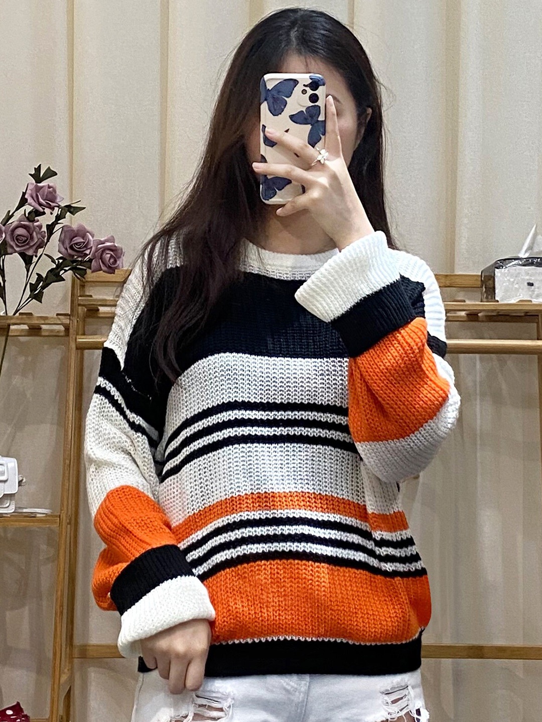 

StyleCast Orange Colourblocked Round Neck Long Sleeves Pullover Sweater