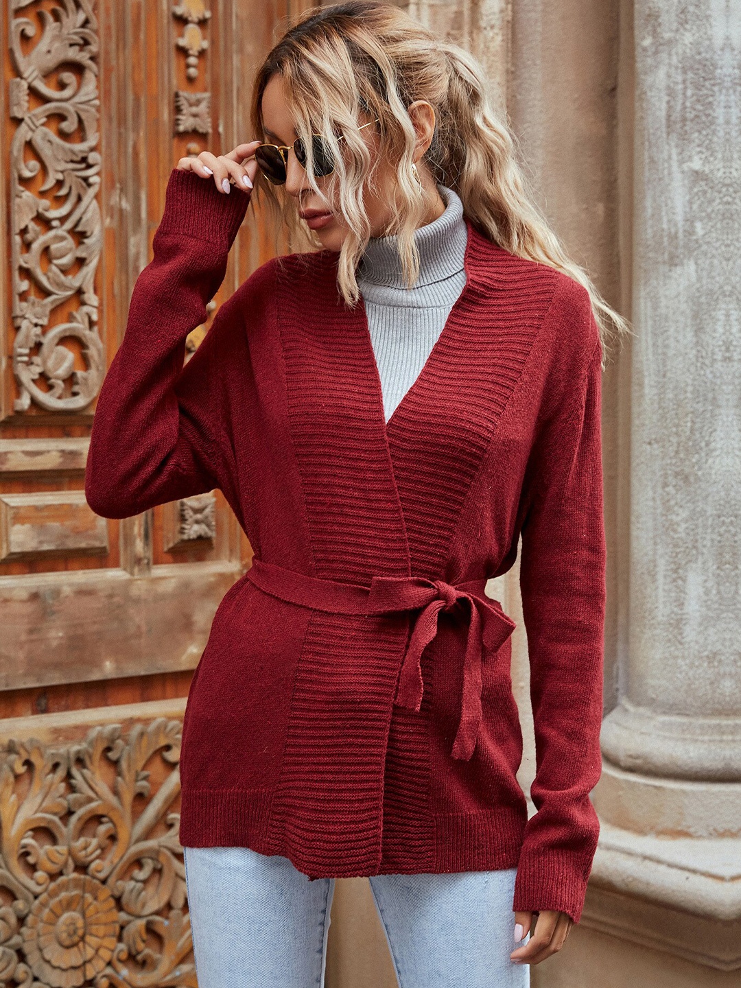 

StyleCast Maroon Belted Longline Front-Open Sweater
