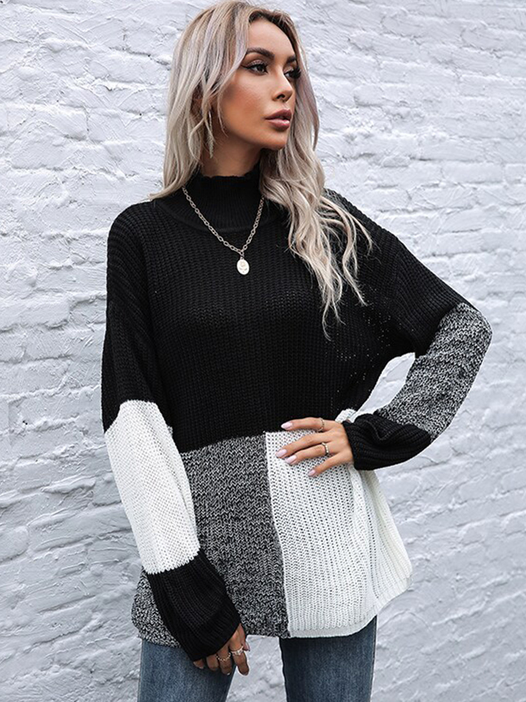 

StyleCast Black, Grey & White Colourblocked High Neck Longline Sweater