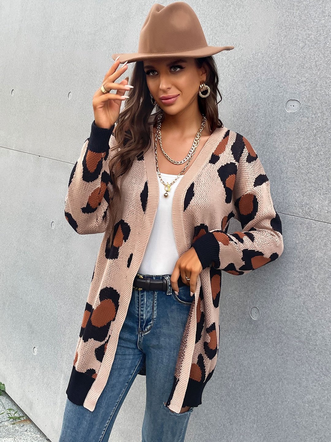 

StyleCast Khaki-Coloured & Black Animal Skin Self Designed Cardigan