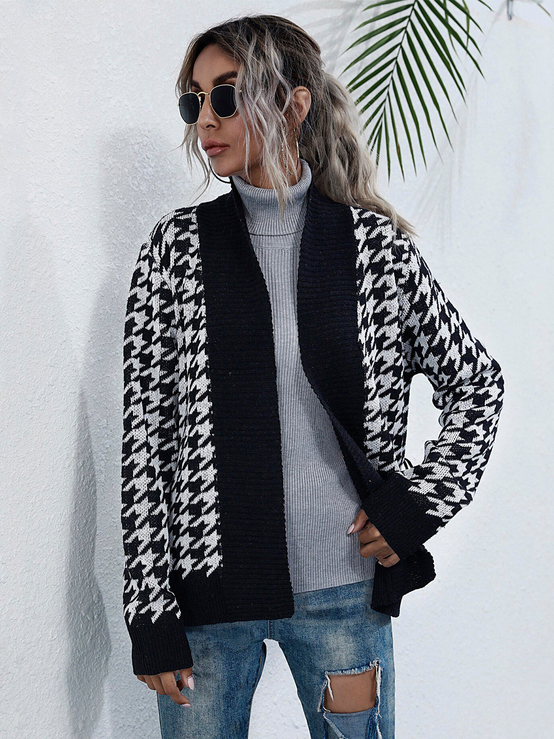 

StyleCast Black Checked Knitted Belted Front-Open Sweaters