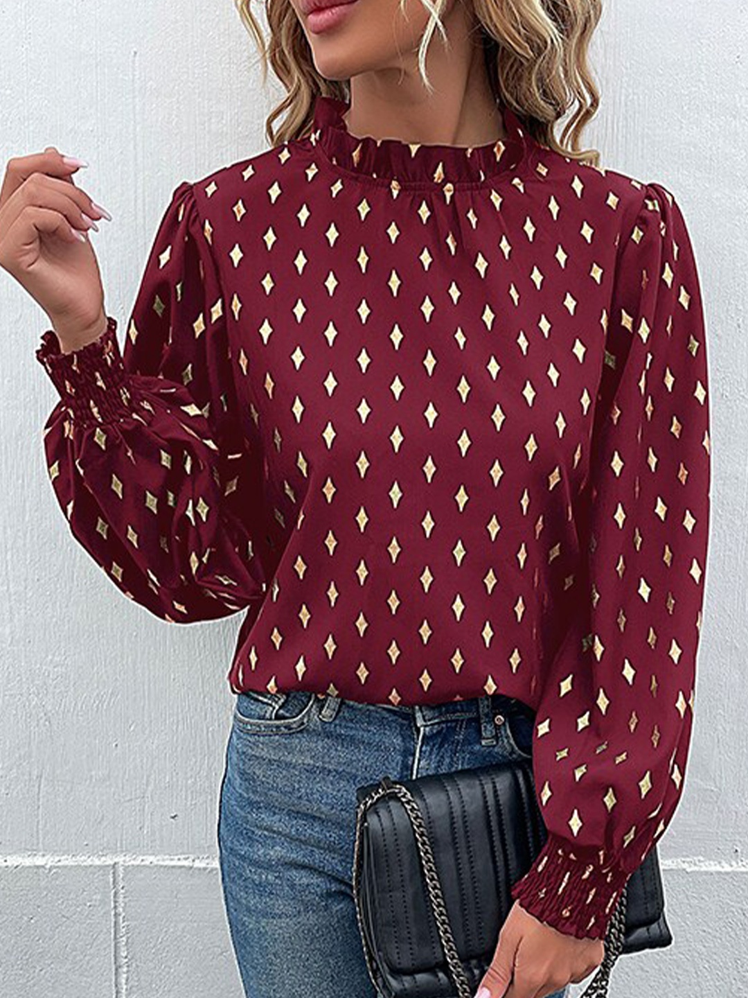 

StyleCast Geometric Printed Ruffled High Neck Top, Maroon